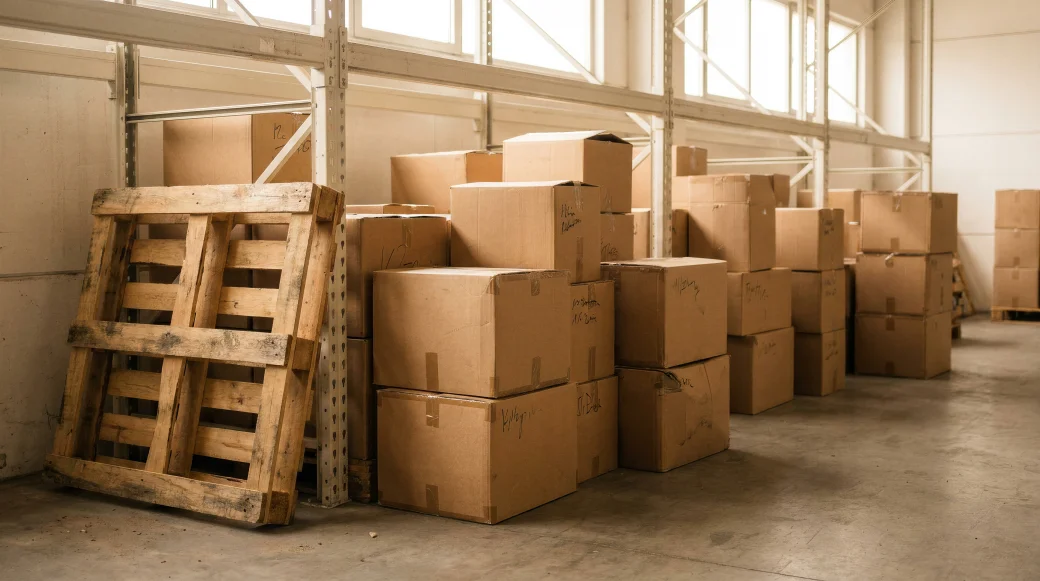 Cardboard boxes stacked along a warehouse wall, a wooden pallet leaning against the racking.