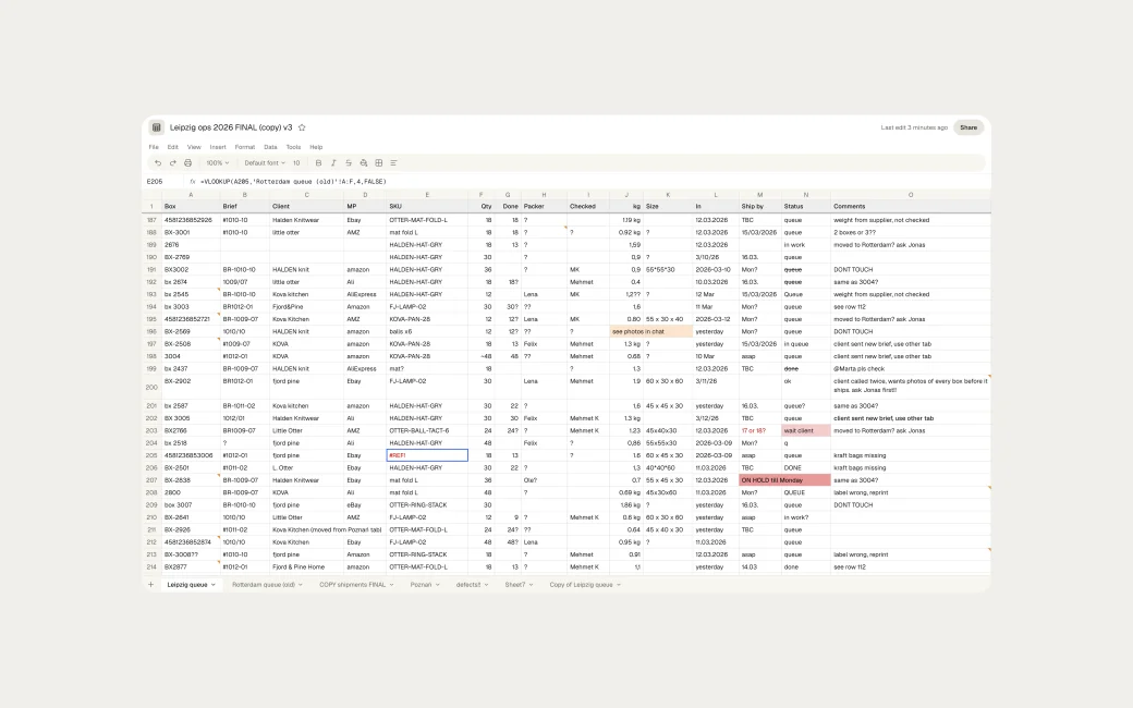 The old spreadsheet: box IDs typed several ways, question marks where the packer should be, and "queue" spelled a few different ways.