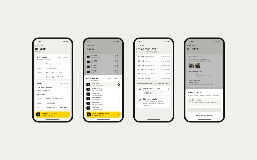 Four screens from the shift lead's phone: a box card, assigning boxes to a packer, storing or shipping six checked boxes, and a defect box to dispose of or return.