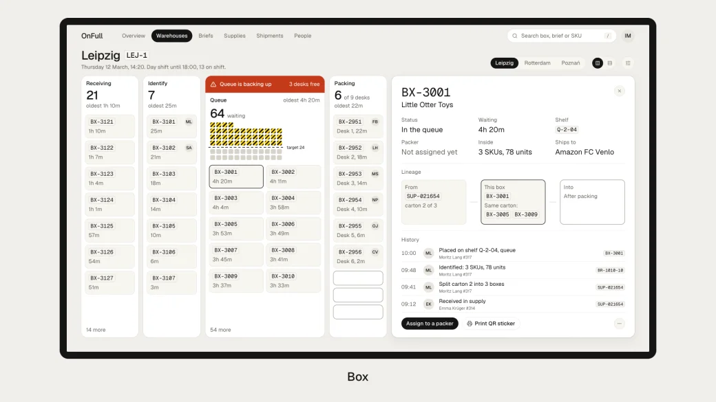 The warehouse board with box BX-3001 open in a drawer: where it came from, who touched it, what's inside.