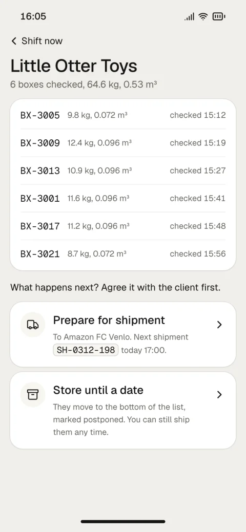 Six checked boxes for one client: agree with the client first, then prepare them for a shipment or store them until a date.