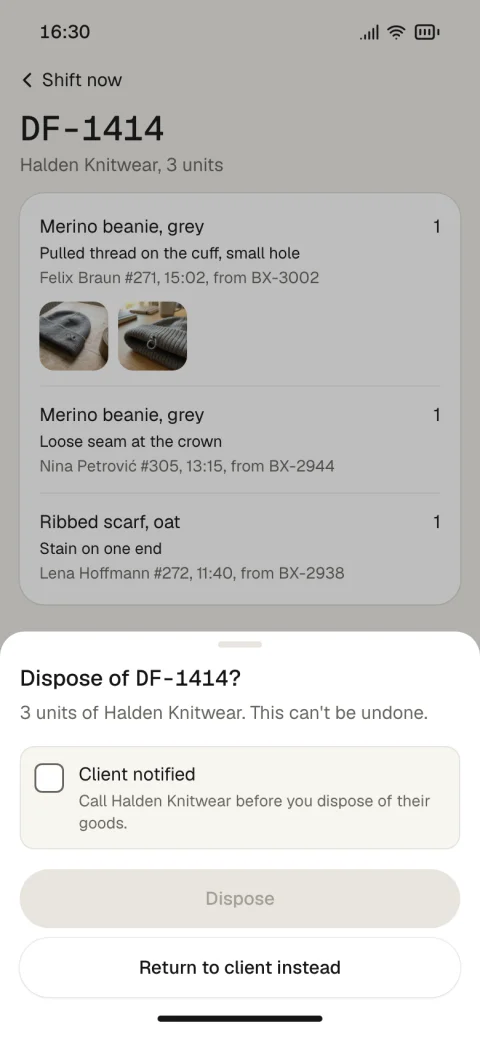 Defect box DF-1414: dispose of it only once the client is notified, or return it to the client.