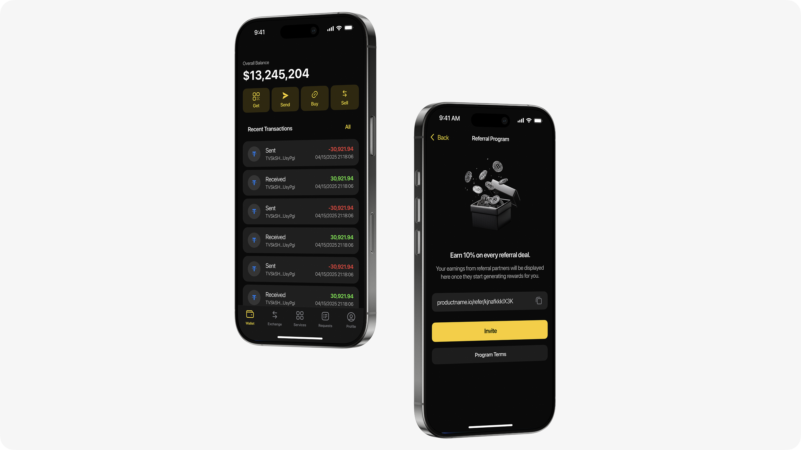 Crypto wallet with built-in referrals — clean balances, fast transactions, rewards that convert.