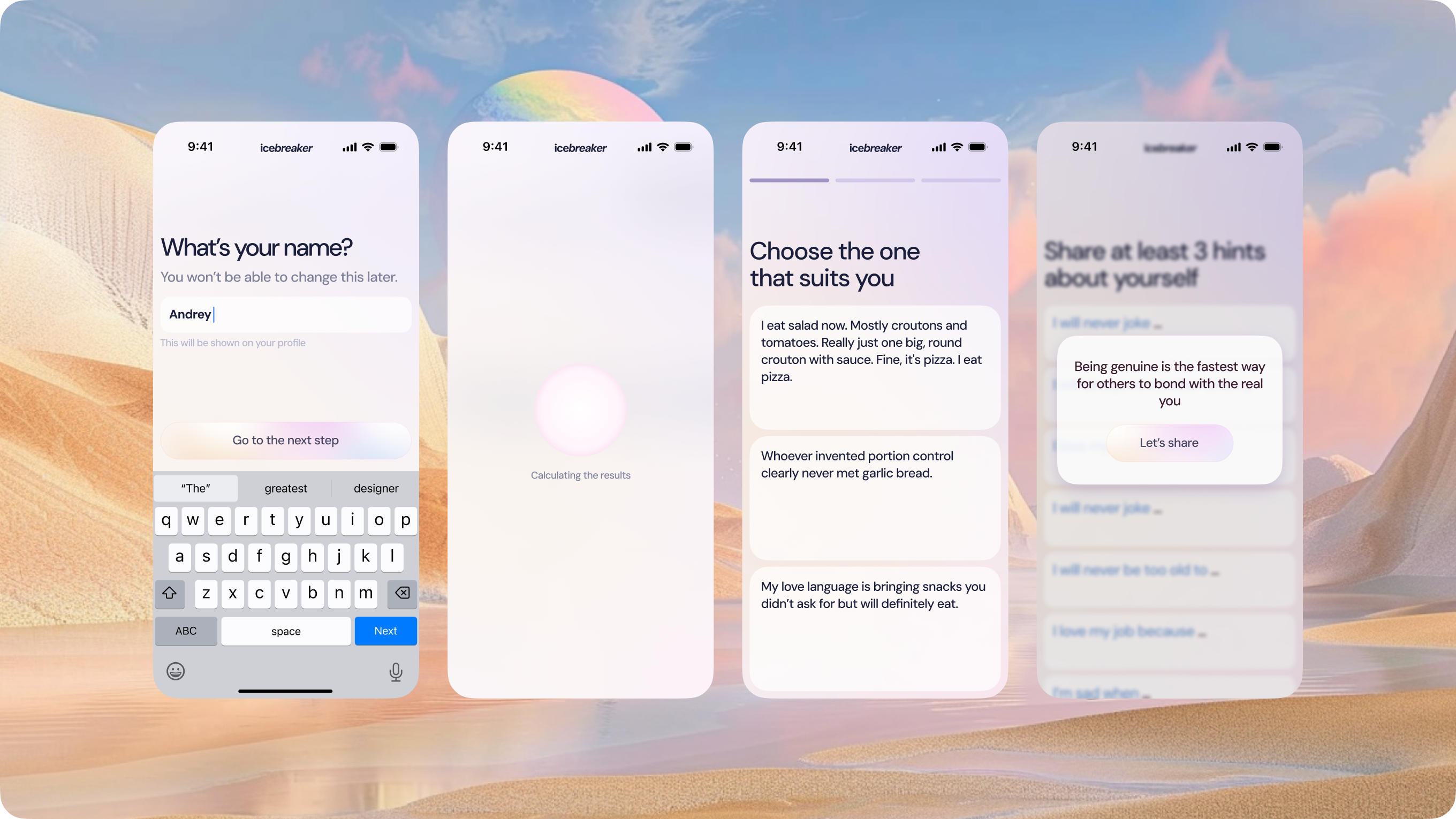 Onboarding flow for a social app — a questionnaire people finish, not bounce from.