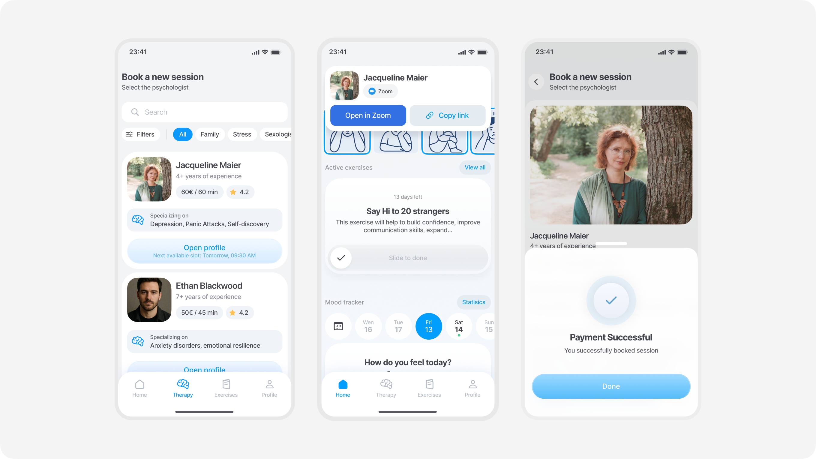 Therapy booking app — calmer flows, fewer steps, a UI that makes asking for help easier.